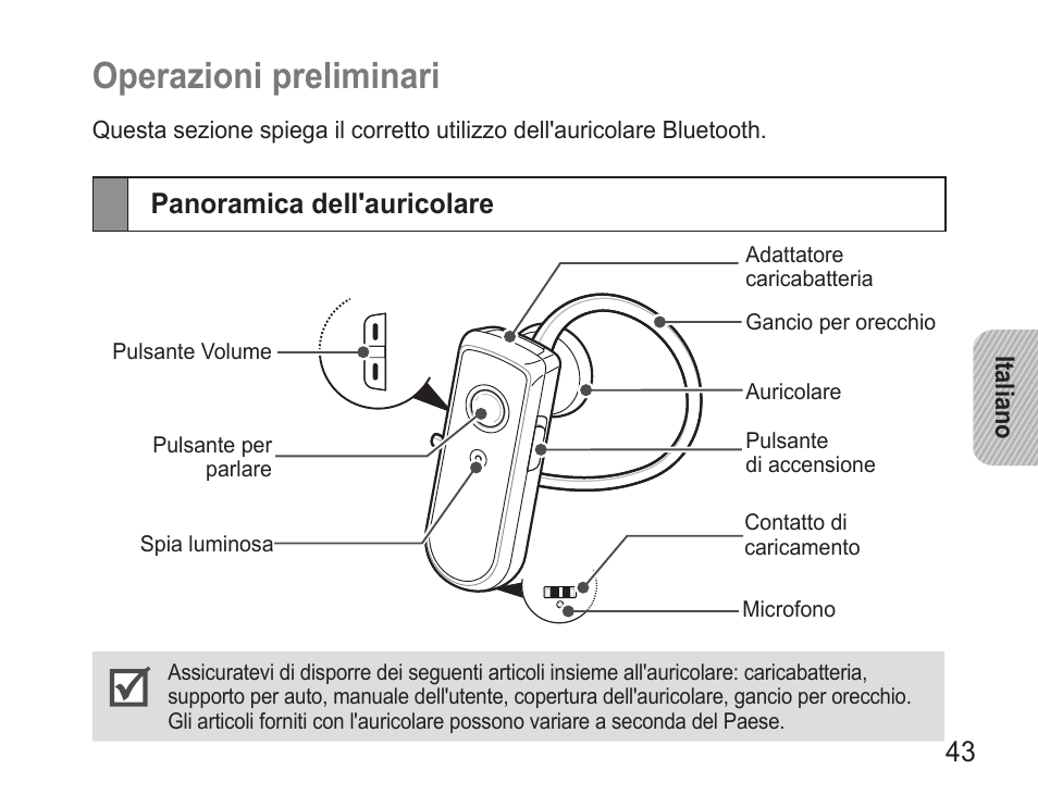 Operazioni preliminari, Panoramica dell'auricolare, Operazioni.preliminari | Panoramica.dell'auricolare | Samsung WEP570 User Manual | Page 46 / 103