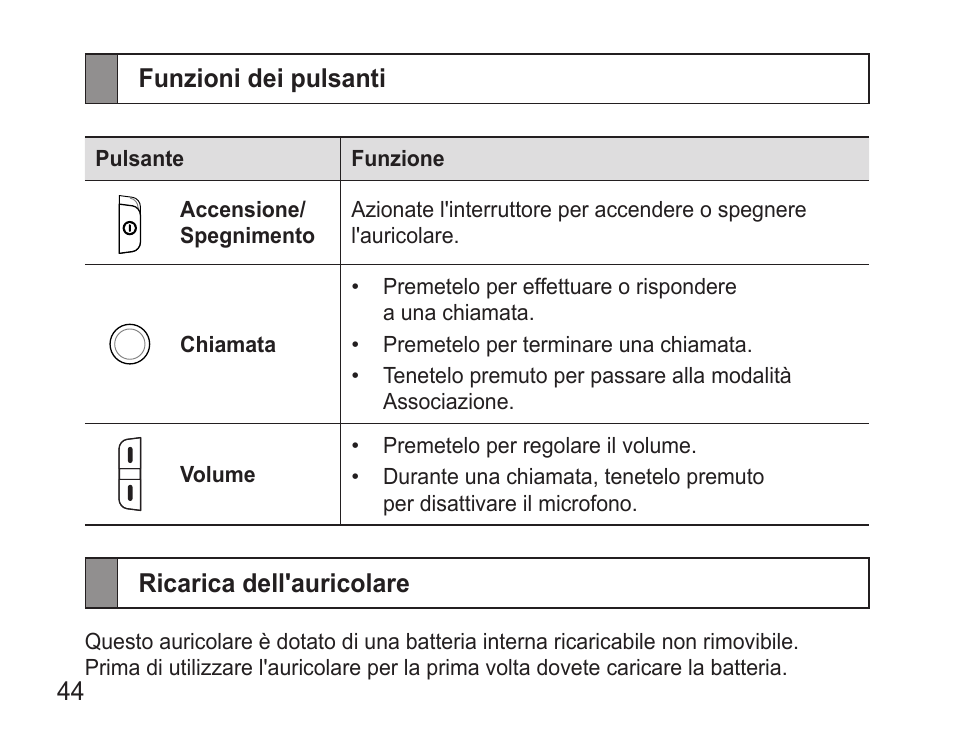 Funzioni dei pulsanti, Ricarica dell'auricolare | Samsung WEP570 User Manual | Page 47 / 103