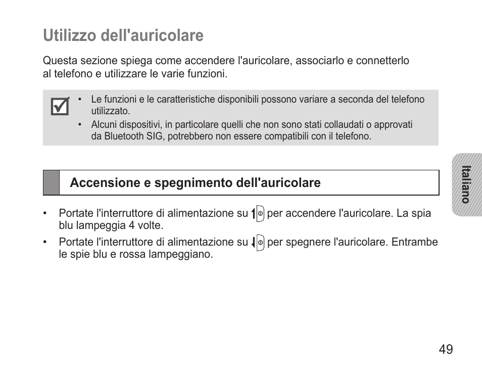 Utilizzo dell'auricolare, Accensione e spegnimento dell'auricolare, Utilizzo.dell'auricolare | Samsung WEP570 User Manual | Page 52 / 103