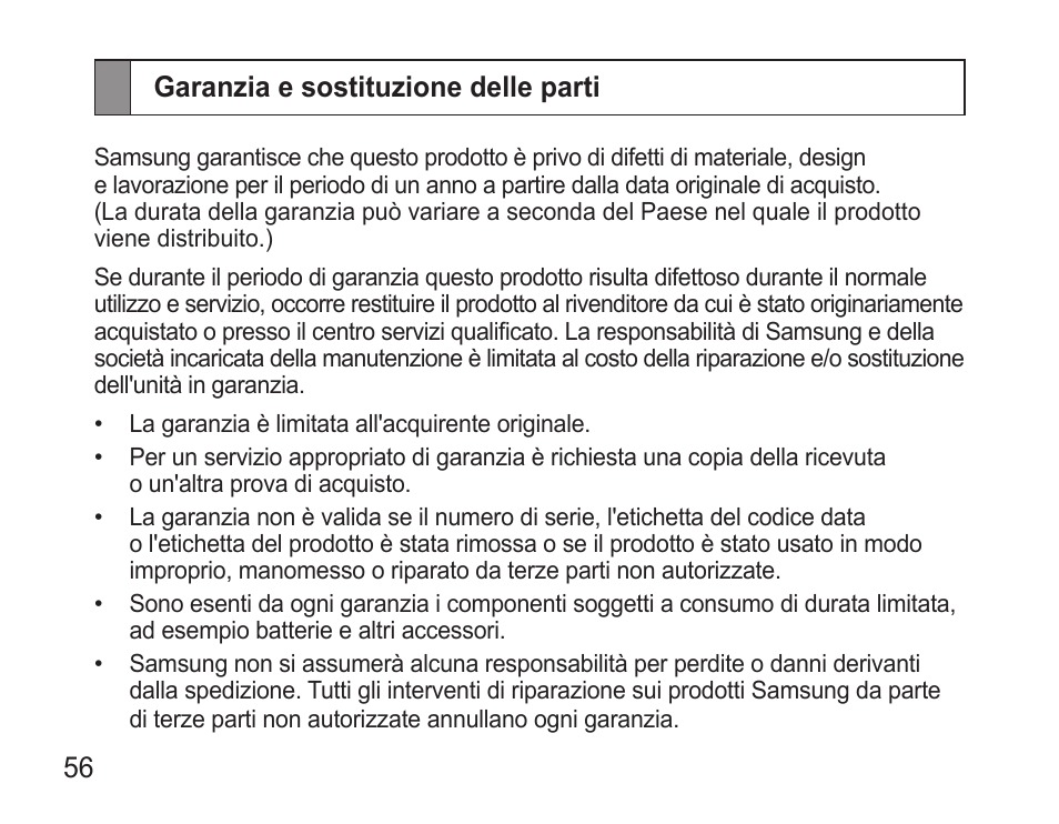 Garanzia e sostituzione delle parti | Samsung WEP570 User Manual | Page 59 / 103