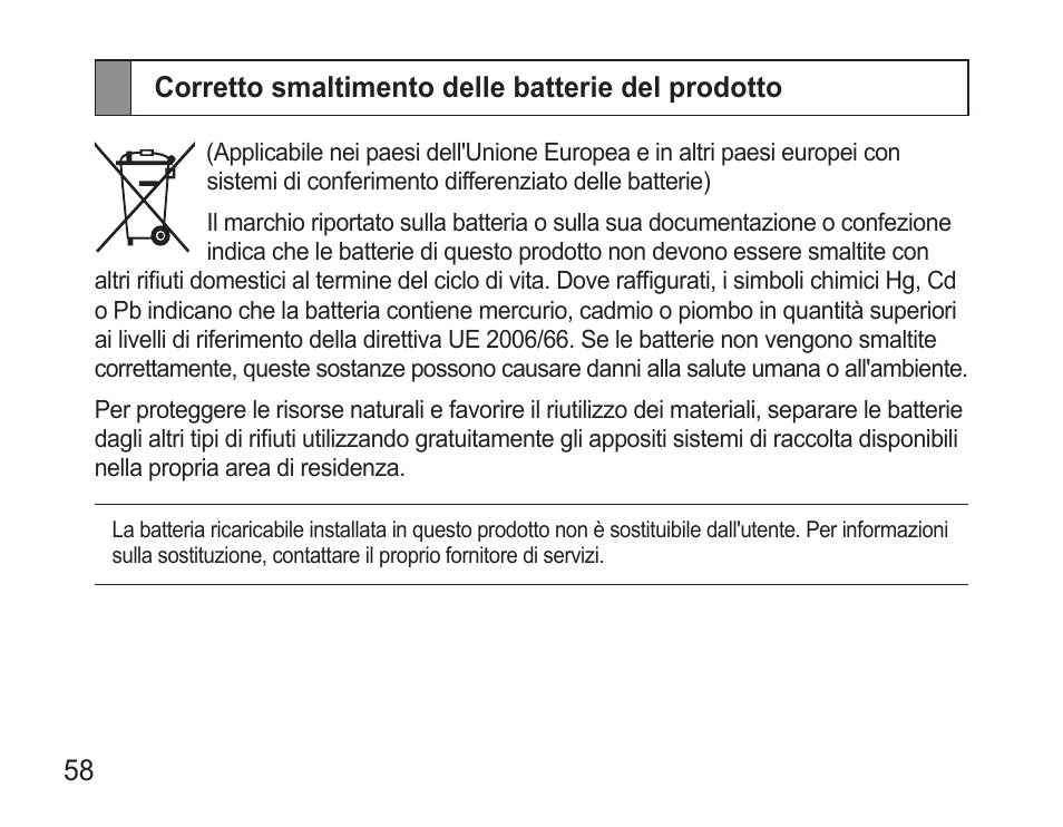 Corretto smaltimento delle batterie del prodotto | Samsung WEP570 User Manual | Page 61 / 103