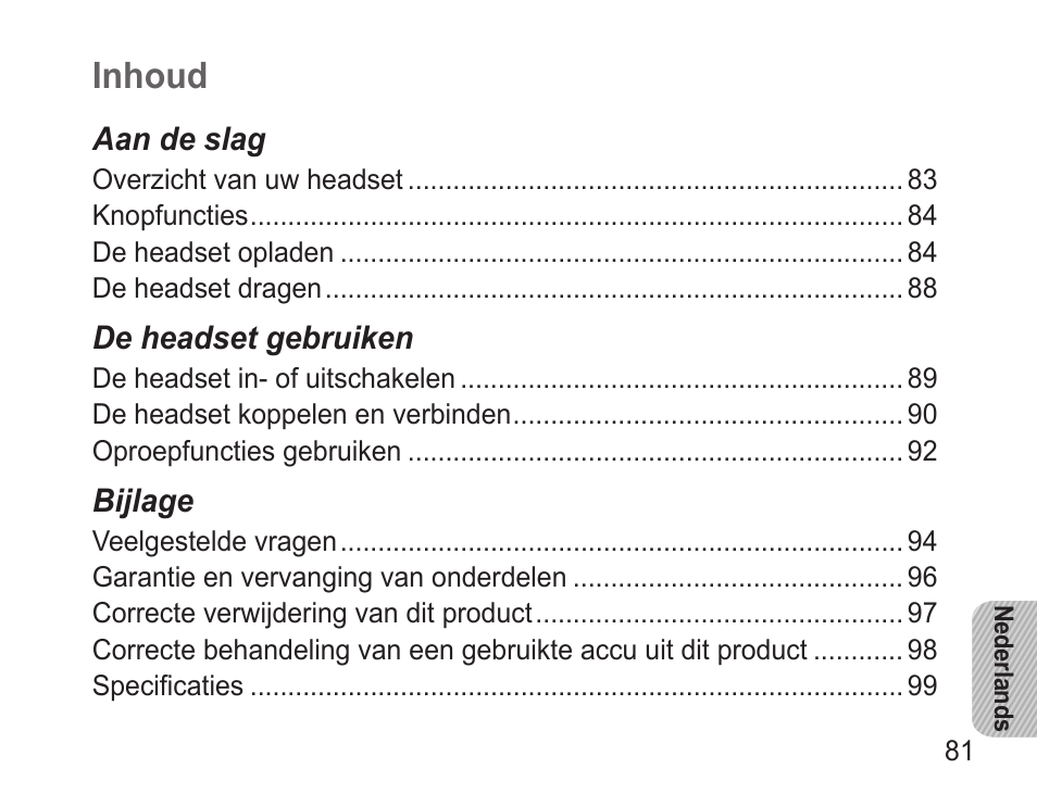 Nederlands, Inhoud | Samsung WEP570 User Manual | Page 84 / 103