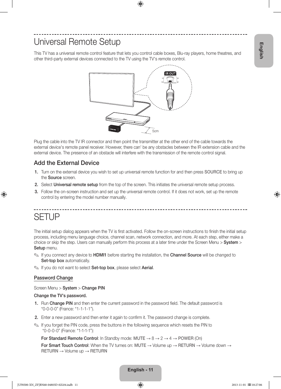 Universal remote setup, Setup, Add the external device | Samsung UE55F8500SL User Manual | Page 11 / 97