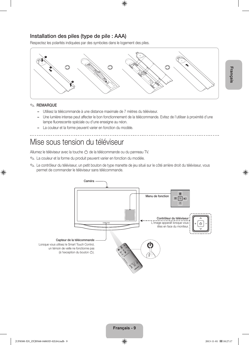 Mise sous tension du téléviseur, Installation des piles (type de pile : aaa) | Samsung UE55F8500SL User Manual | Page 33 / 97