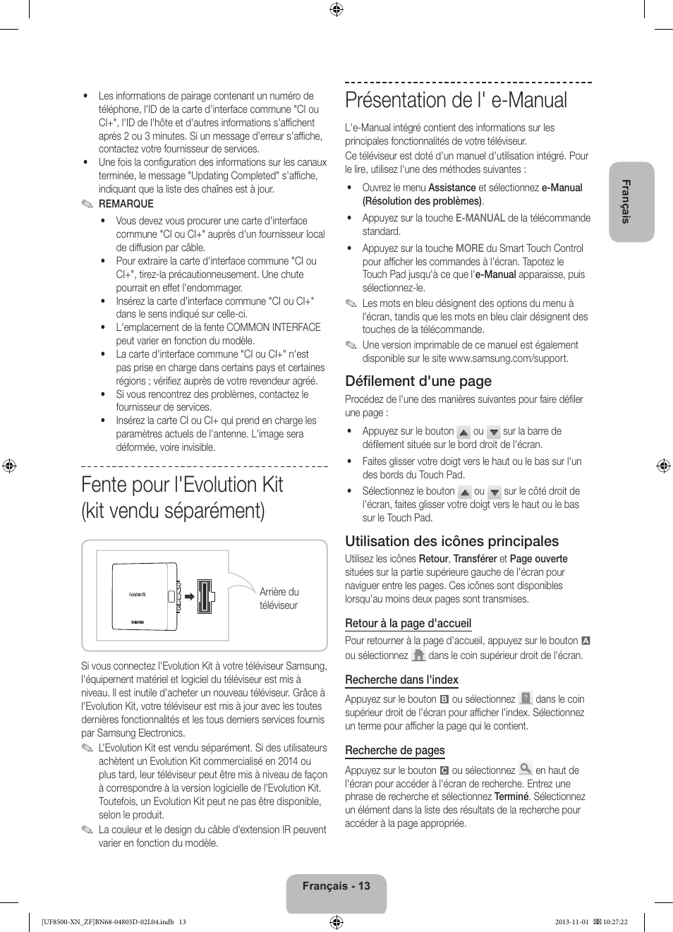 Fente pour l'evolution kit (kit vendu séparément), Présentation de l' e-manual, Défilement d'une page | Utilisation des icônes principales | Samsung UE55F8500SL User Manual | Page 37 / 97