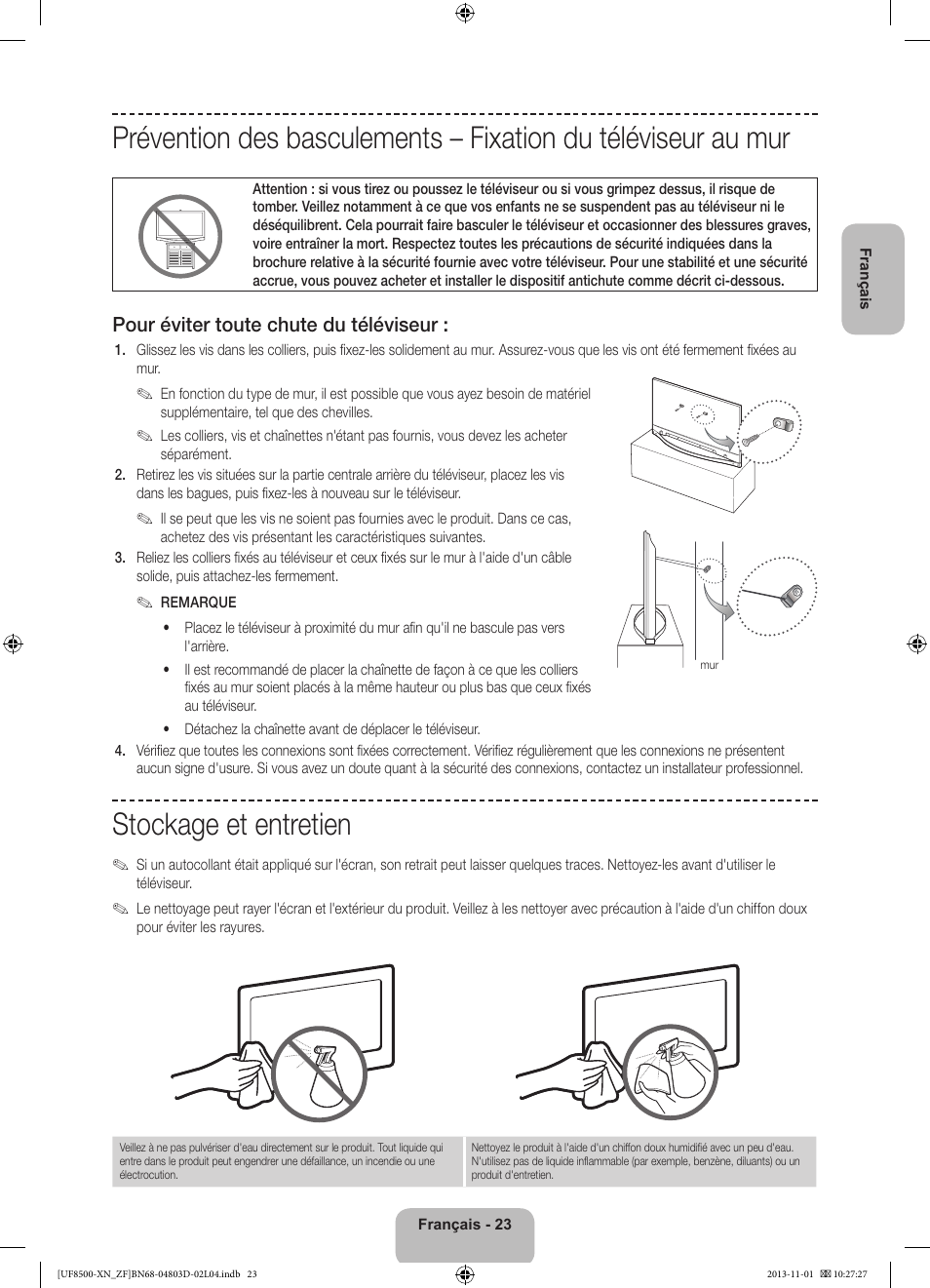Stockage et entretien, Pour éviter toute chute du téléviseur | Samsung UE55F8500SL User Manual | Page 47 / 97
