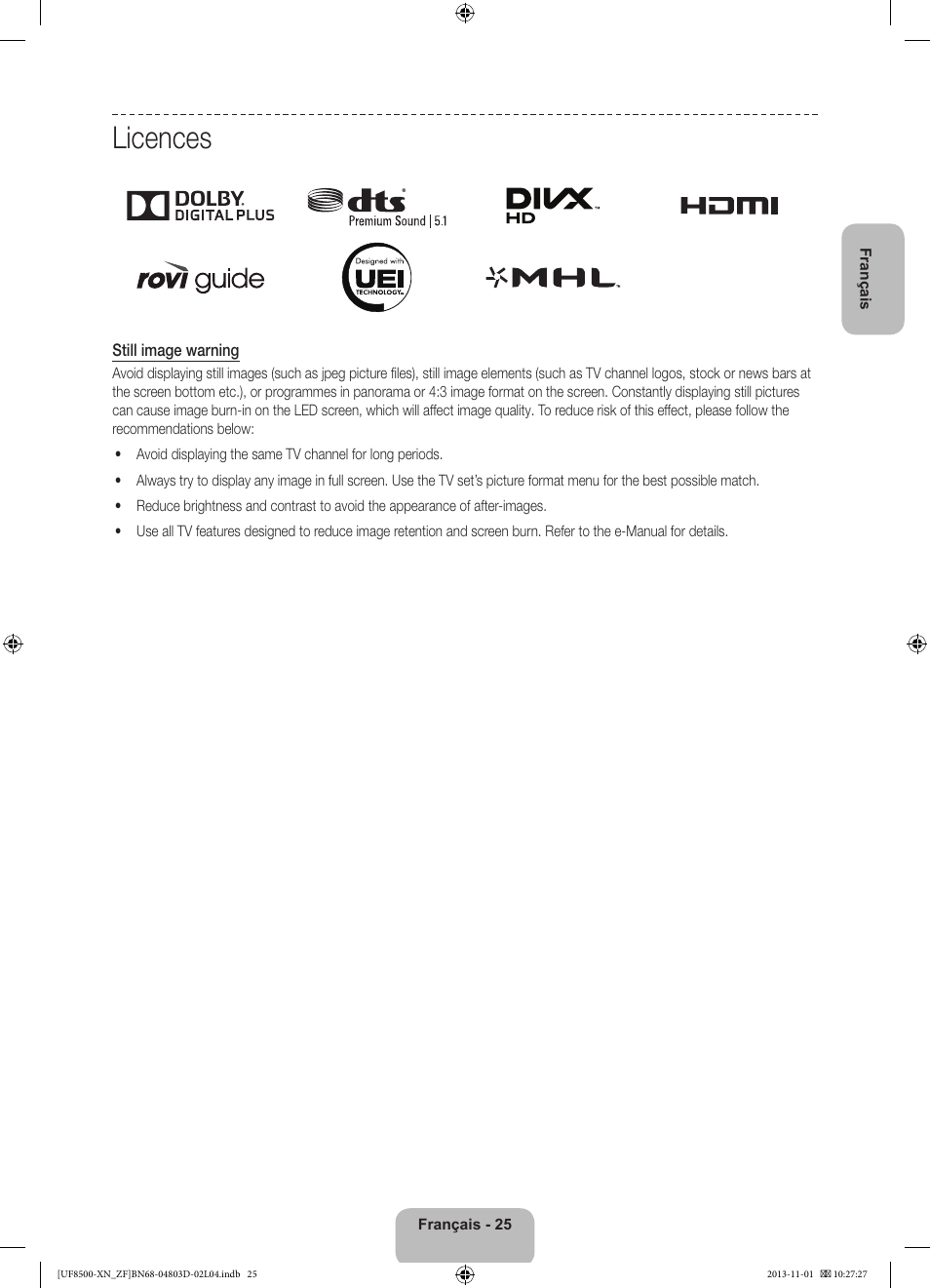 Licences | Samsung UE55F8500SL User Manual | Page 49 / 97