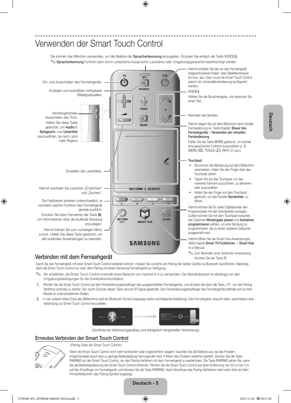 Verwenden der smart touch control, Verbinden mit dem fernsehgerät, Erneutes verbinden der smart touch control | Samsung UE55F8500SL User Manual | Page 53 / 97