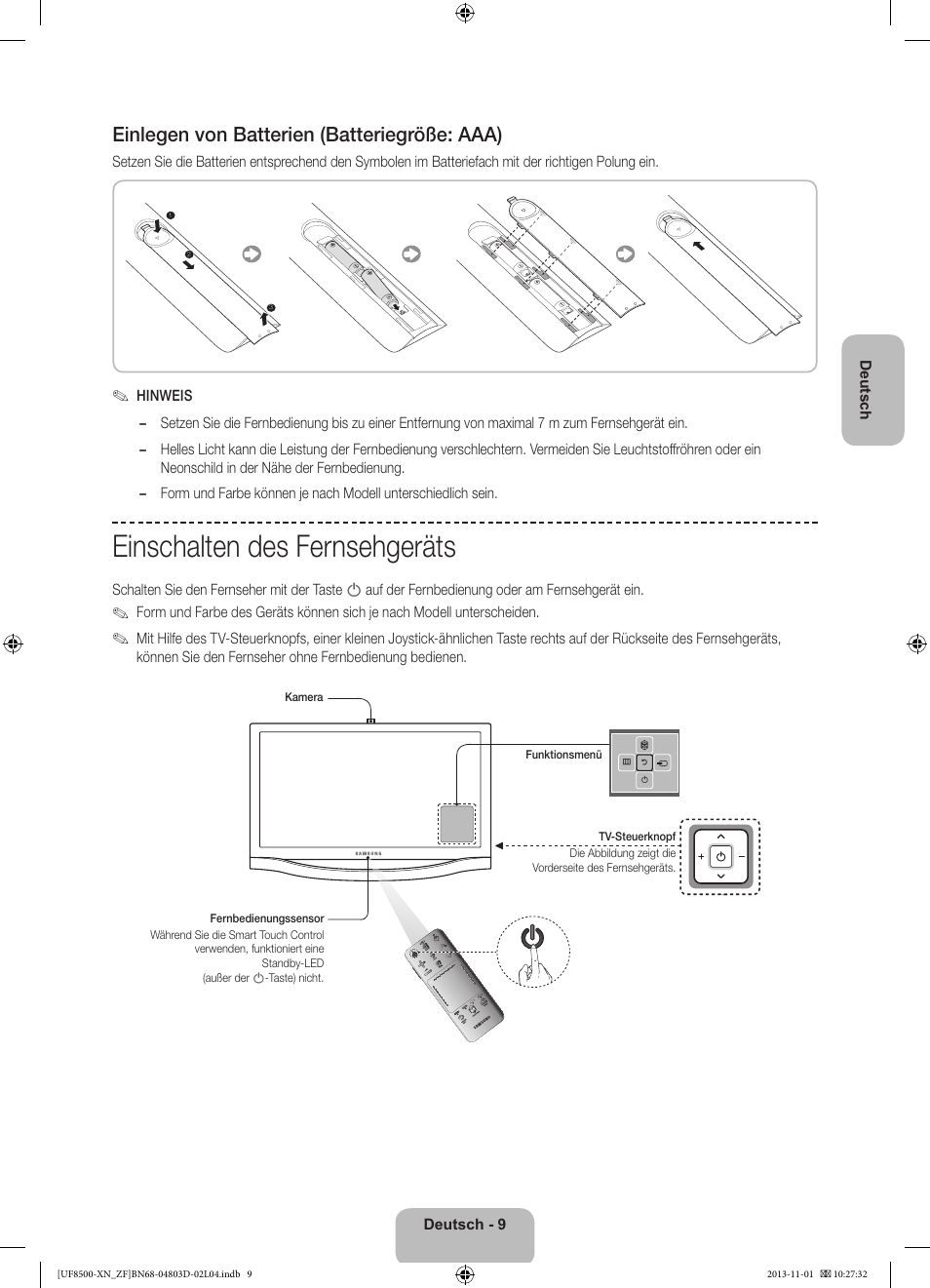 Einschalten des fernsehgeräts, Einlegen von batterien (batteriegröße: aaa) | Samsung UE55F8500SL User Manual | Page 57 / 97