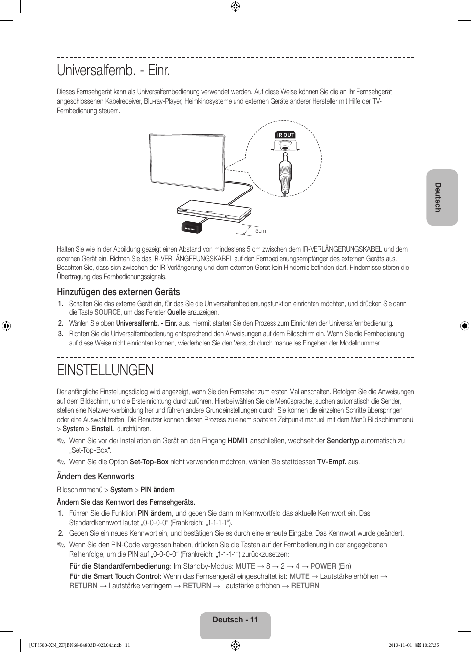 Universalfernb. - einr, Einstellungen, Hinzufügen des externen geräts | Samsung UE55F8500SL User Manual | Page 59 / 97