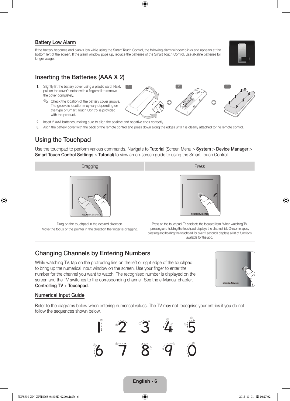Inserting the batteries (aaa x 2), Using the touchpad, Changing channels by entering numbers | Samsung UE55F8500SL User Manual | Page 6 / 97