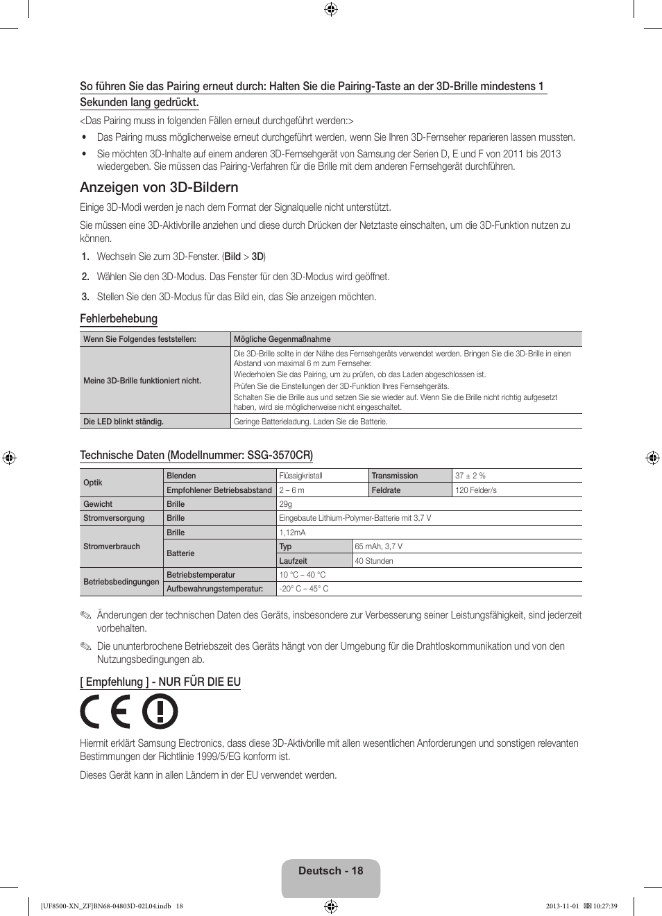 Anzeigen von 3d-bildern, Fehlerbehebung, Technische daten (modellnummer: ssg-3570cr) | Empfehlung ] - nur für die eu | Samsung UE55F8500SL User Manual | Page 66 / 97