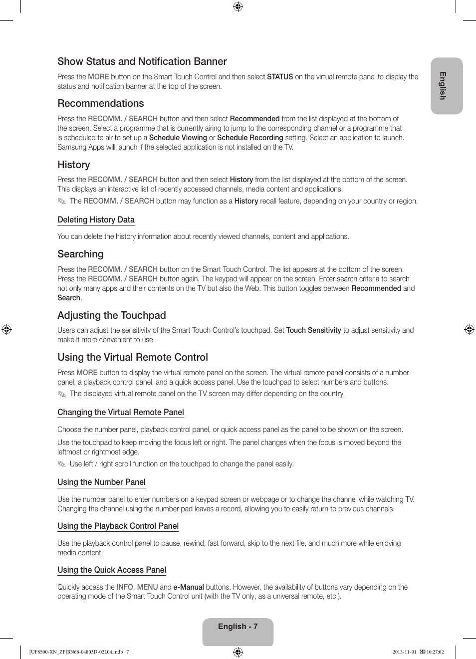 Show status and notification banner, Recommendations, History | Searching, Adjusting the touchpad, Using the virtual remote control | Samsung UE55F8500SL User Manual | Page 7 / 97