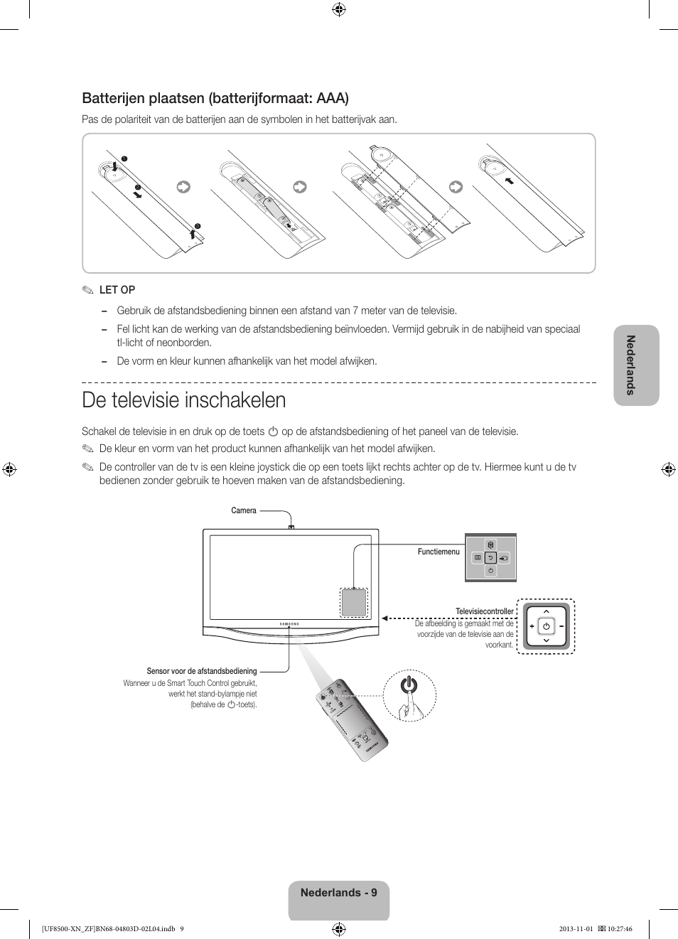 De televisie inschakelen, Batterijen plaatsen (batterijformaat: aaa) | Samsung UE55F8500SL User Manual | Page 81 / 97
