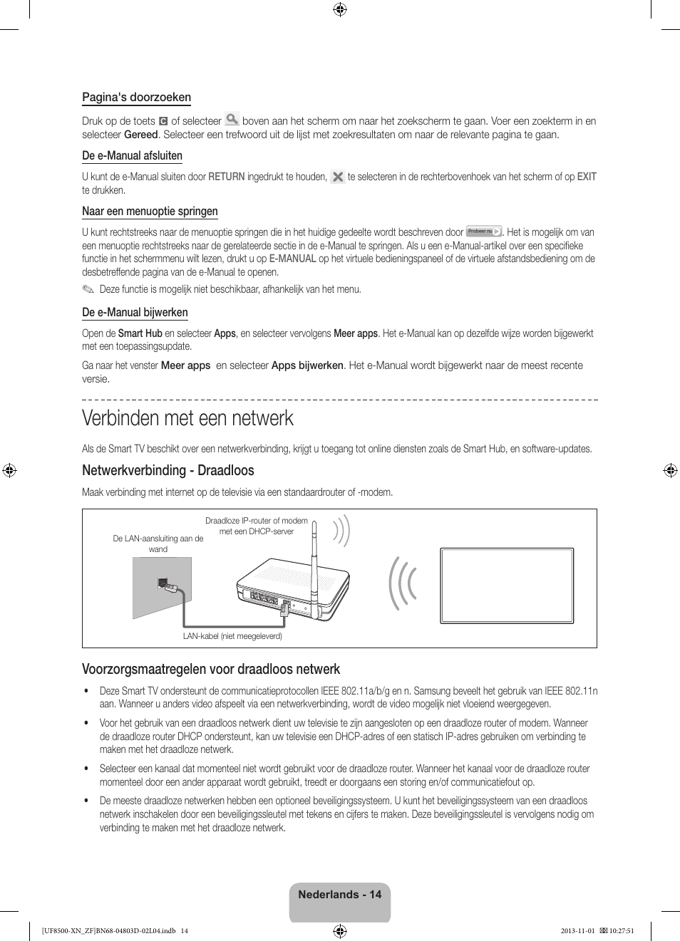 Verbinden met een netwerk, Netwerkverbinding - draadloos, Voorzorgsmaatregelen voor draadloos netwerk | Samsung UE55F8500SL User Manual | Page 86 / 97