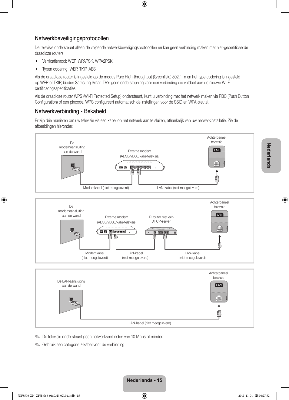 Netwerkbeveiligingsprotocollen, Netwerkverbinding - bekabeld | Samsung UE55F8500SL User Manual | Page 87 / 97