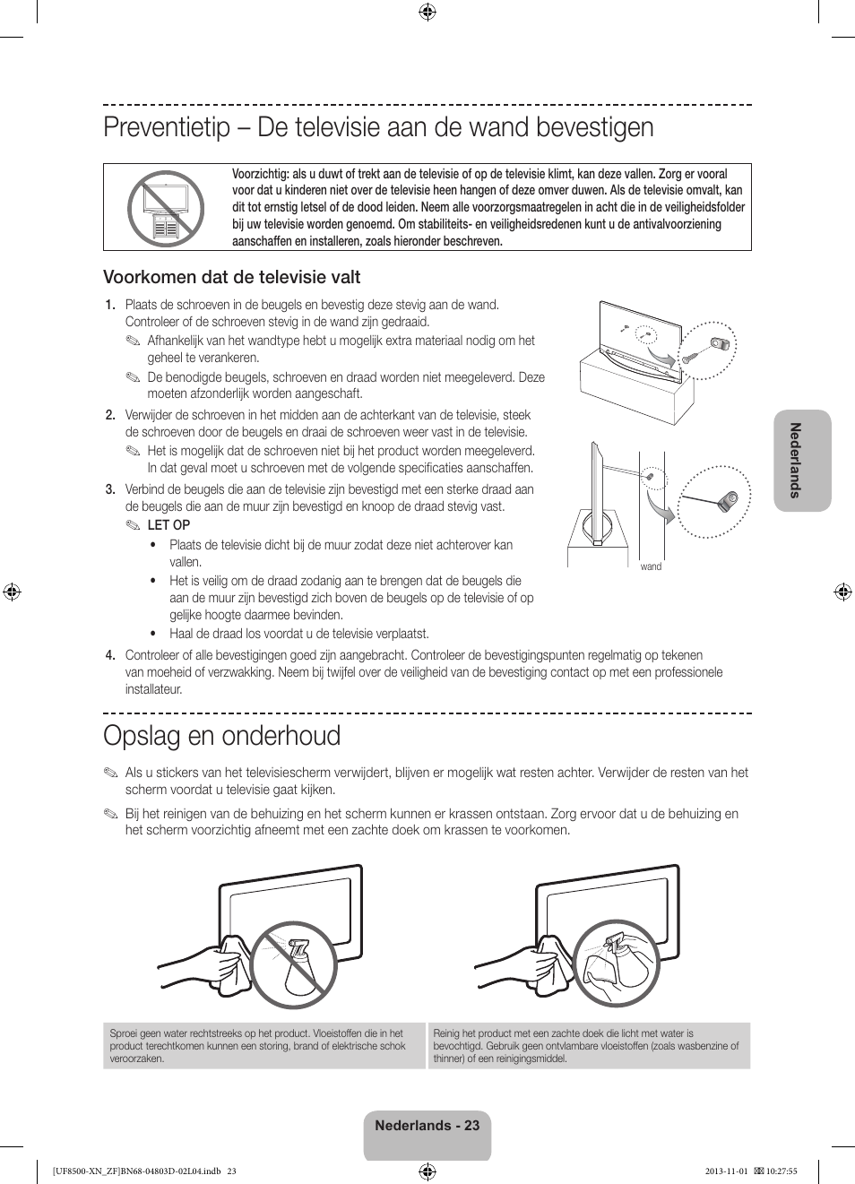 Preventietip – de televisie aan de wand bevestigen, Opslag en onderhoud, Voorkomen dat de televisie valt | Samsung UE55F8500SL User Manual | Page 95 / 97