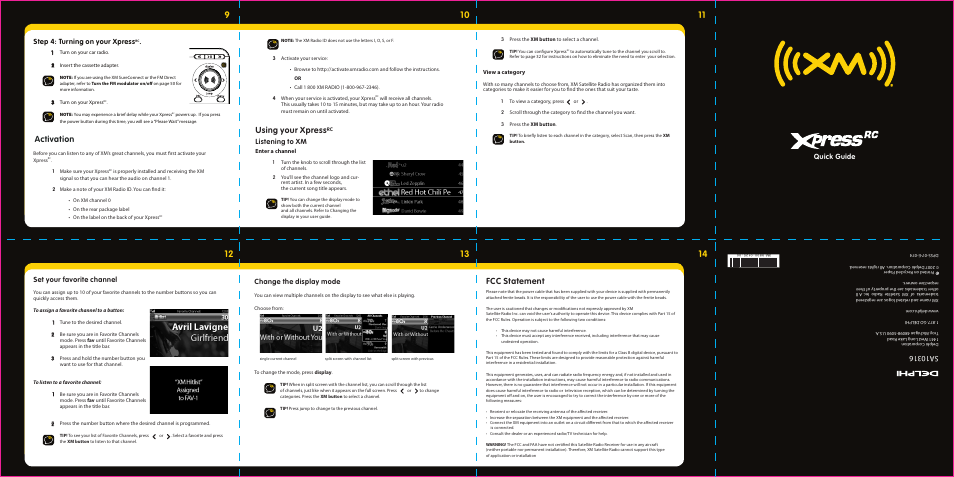 Using your xpress, Fcc statement, Activation | Quick guide, Listening to xm, Change the display mode, Set your favorite channel, Step 4: turning on your xpress | Delphi SA10316 User Manual | Page 2 / 2