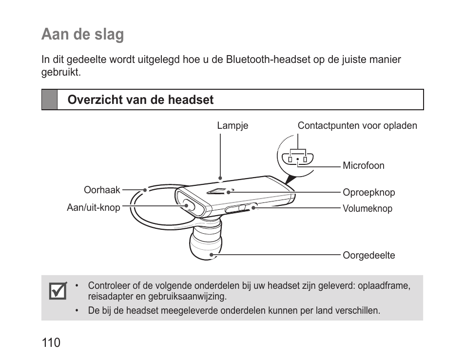 Aan de slag, Overzicht van de headset | Samsung BHM3200 User Manual | Page 112 / 135