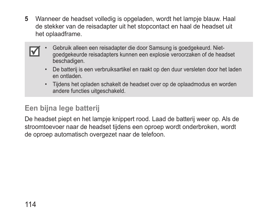 Een bijna lege batterij | Samsung BHM3200 User Manual | Page 116 / 135