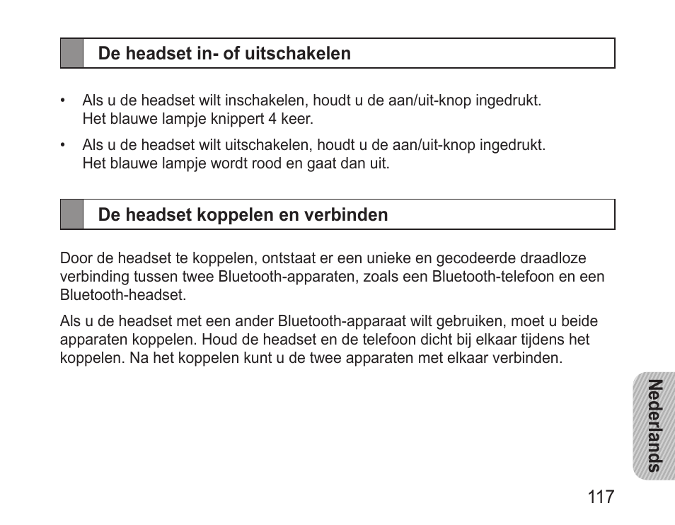 De headset in- of uitschakelen, De headset koppelen en verbinden | Samsung BHM3200 User Manual | Page 119 / 135