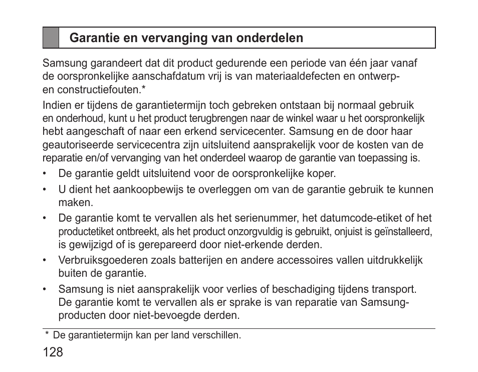 Garantie en vervanging van onderdelen | Samsung BHM3200 User Manual | Page 130 / 135