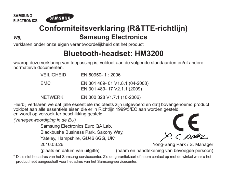 Conformiteitsverklaring (r&tte­richtlijn), Bluetooth­headset: hm3200, Samsung electronics | Samsung BHM3200 User Manual | Page 134 / 135