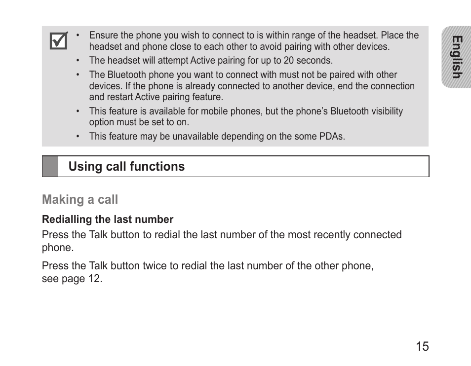 Using call functions, English 15, Using call functions making a call | Samsung BHM3200 User Manual | Page 17 / 135