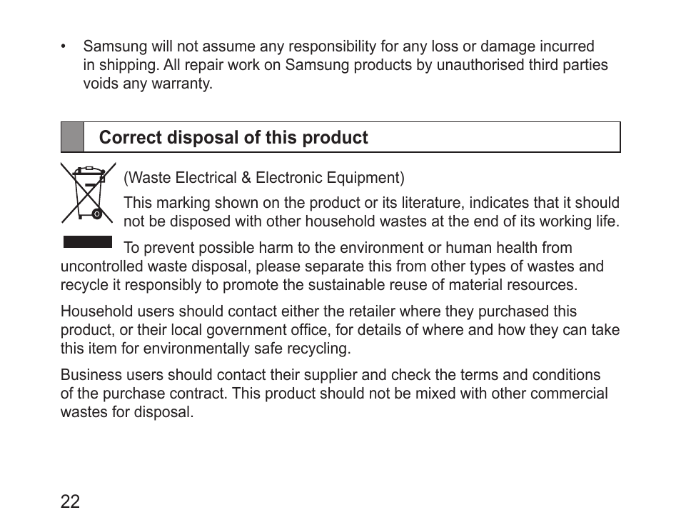 Correct disposal of this product | Samsung BHM3200 User Manual | Page 24 / 135