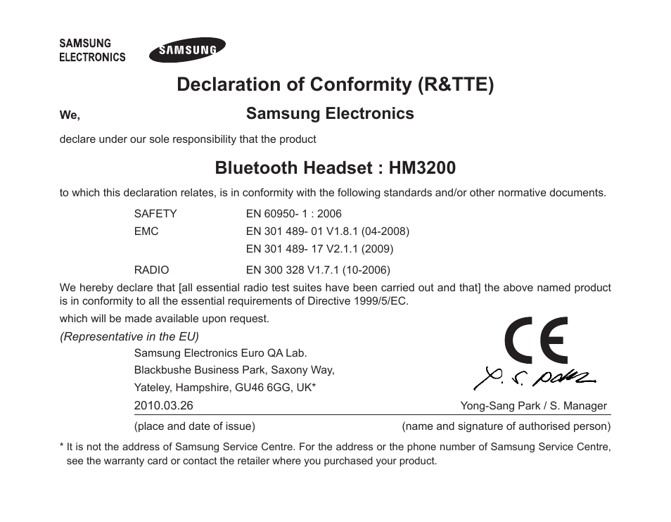 Declaration of conformity (r&tte), Bluetooth headset : hm3200, Samsung electronics | Samsung BHM3200 User Manual | Page 27 / 135