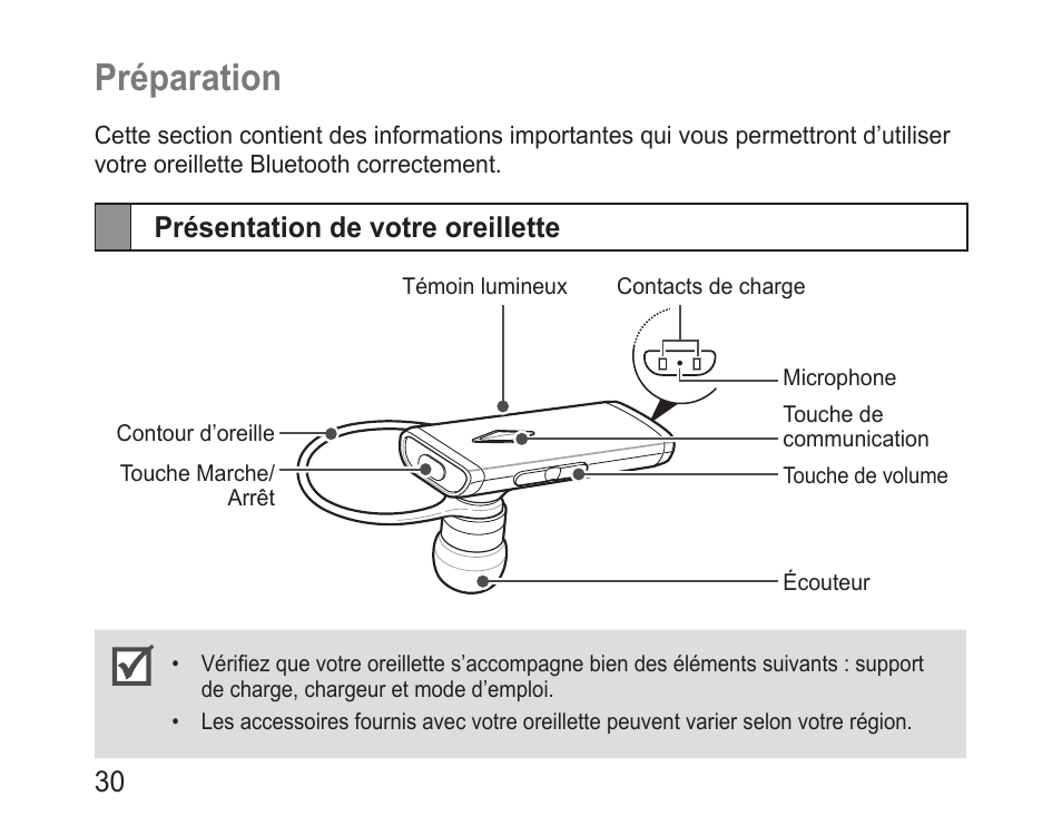 Préparation, Présentation de votre oreillette | Samsung BHM3200 User Manual | Page 32 / 135