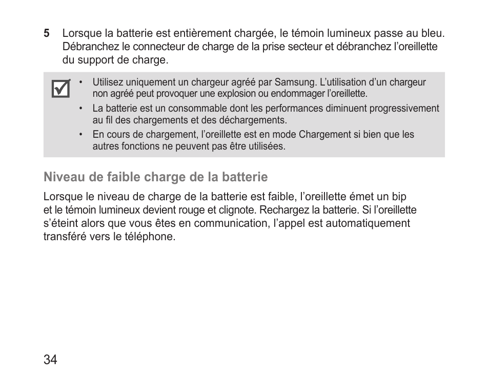 Niveau de faible charge de la batterie | Samsung BHM3200 User Manual | Page 36 / 135