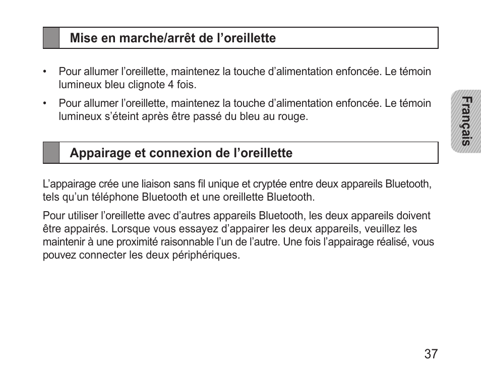 Mise en marche/arrêt de l’oreillette, Appairage et connexion de l’oreillette | Samsung BHM3200 User Manual | Page 39 / 135