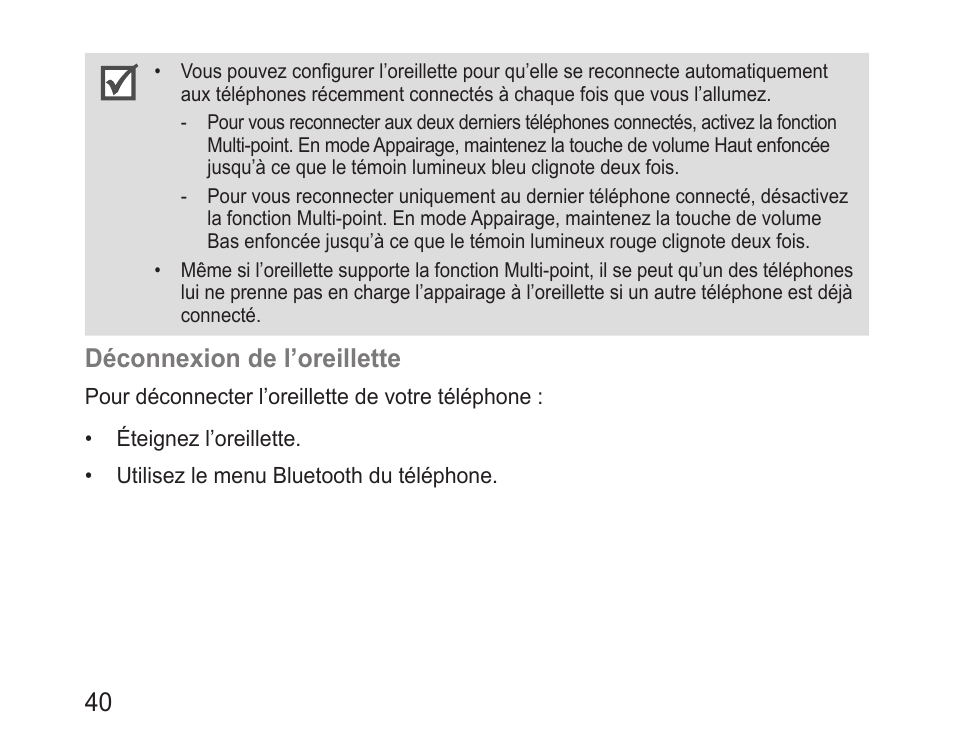 Déconnexion de l’oreillette | Samsung BHM3200 User Manual | Page 42 / 135