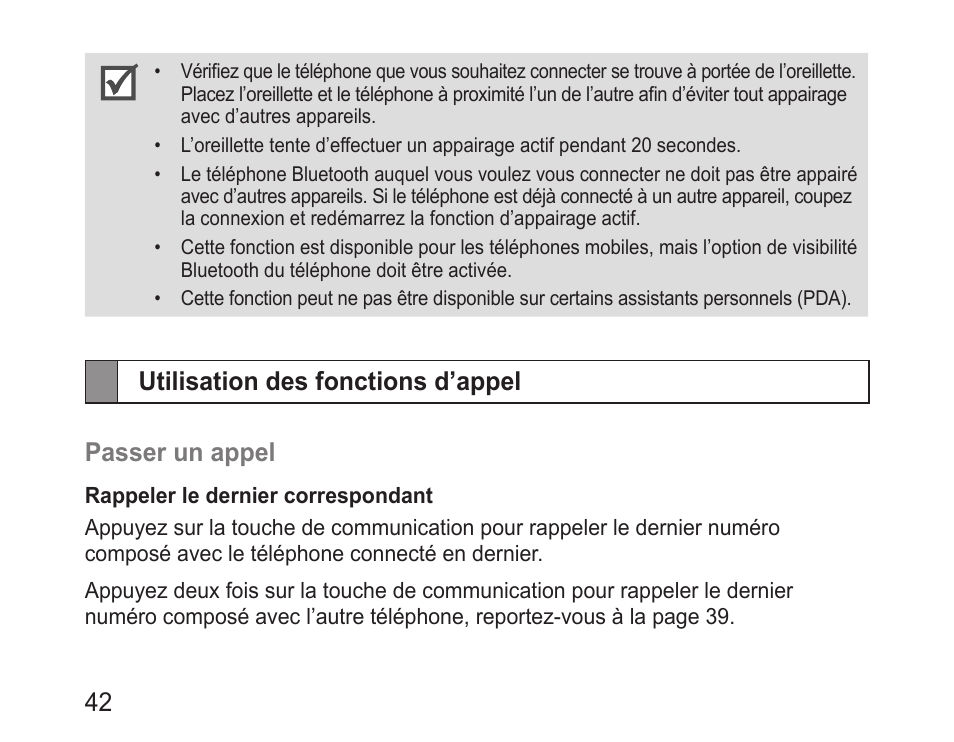 Utilisation des fonctions d’appel, Utilisation des fonctions d’appel passer un appel | Samsung BHM3200 User Manual | Page 44 / 135