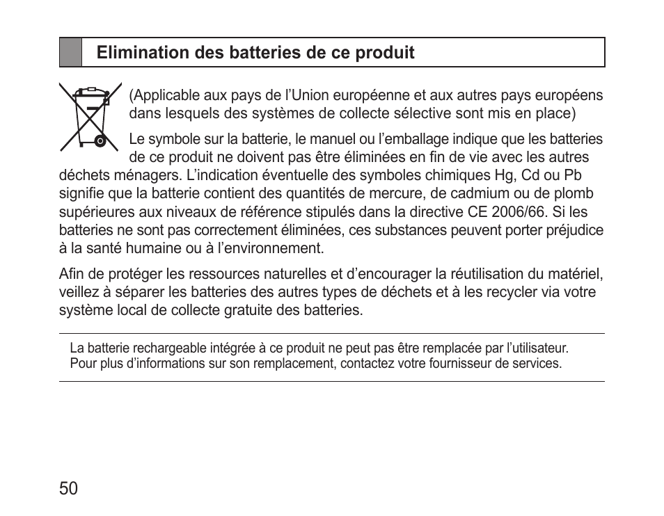 Elimination des batteries de ce produit | Samsung BHM3200 User Manual | Page 52 / 135