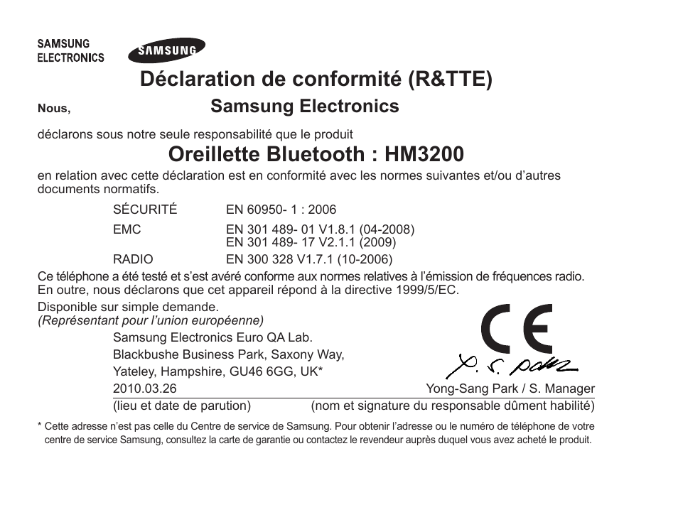 Déclaration de conformité (r&tte), Oreillette bluetooth : hm3200, Samsung electronics | Samsung BHM3200 User Manual | Page 54 / 135