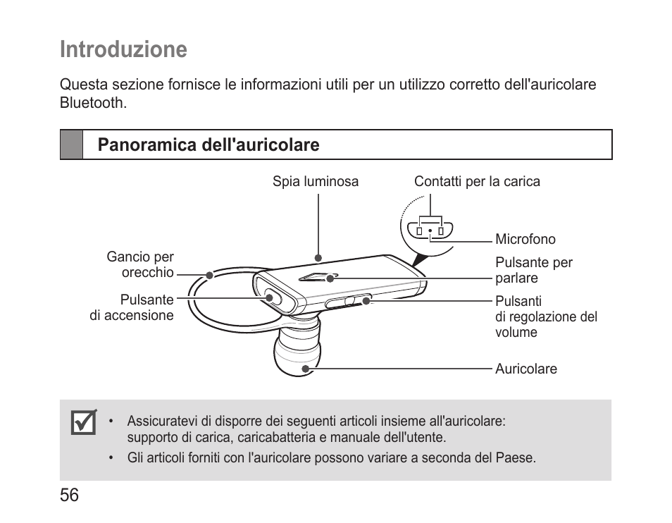 Introduzione, Panoramica dell'auricolare | Samsung BHM3200 User Manual | Page 58 / 135