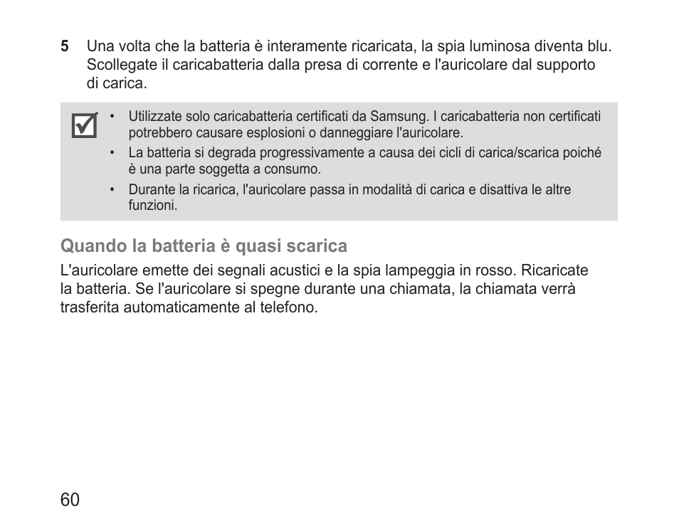 Quando la batteria è quasi scarica | Samsung BHM3200 User Manual | Page 62 / 135