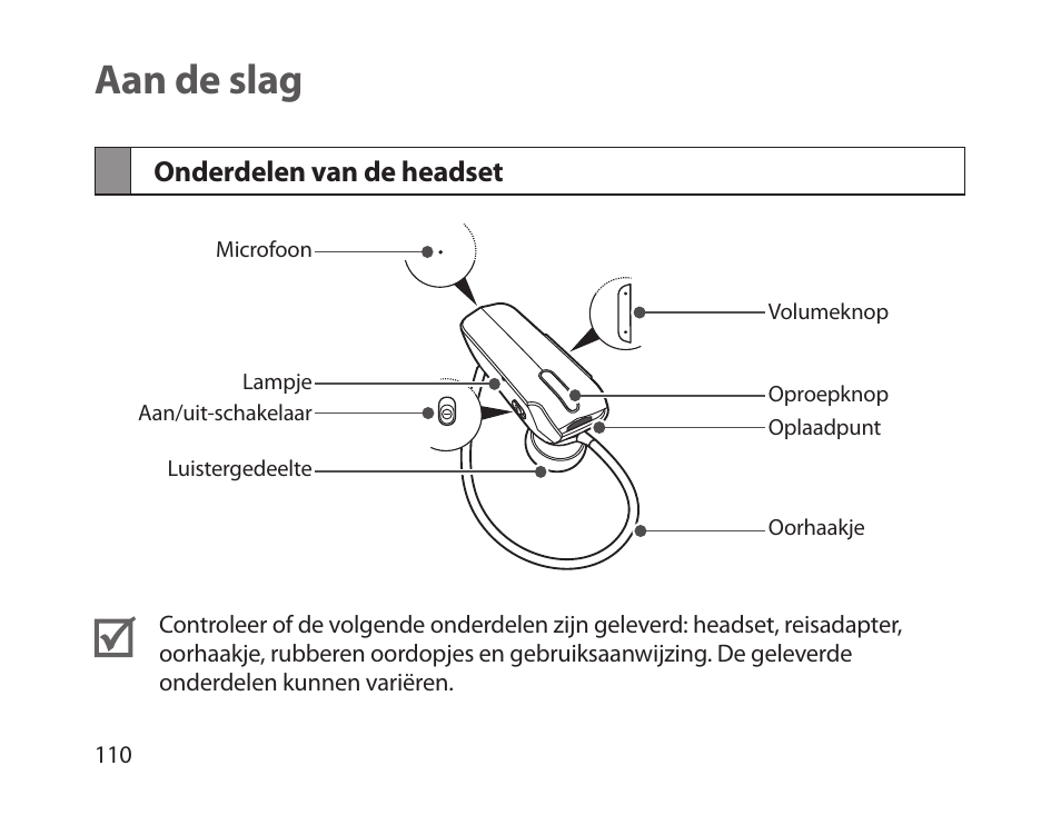 Aan de slag, Onderdelen van de headset | Samsung HM1800 User Manual | Page 113 / 135