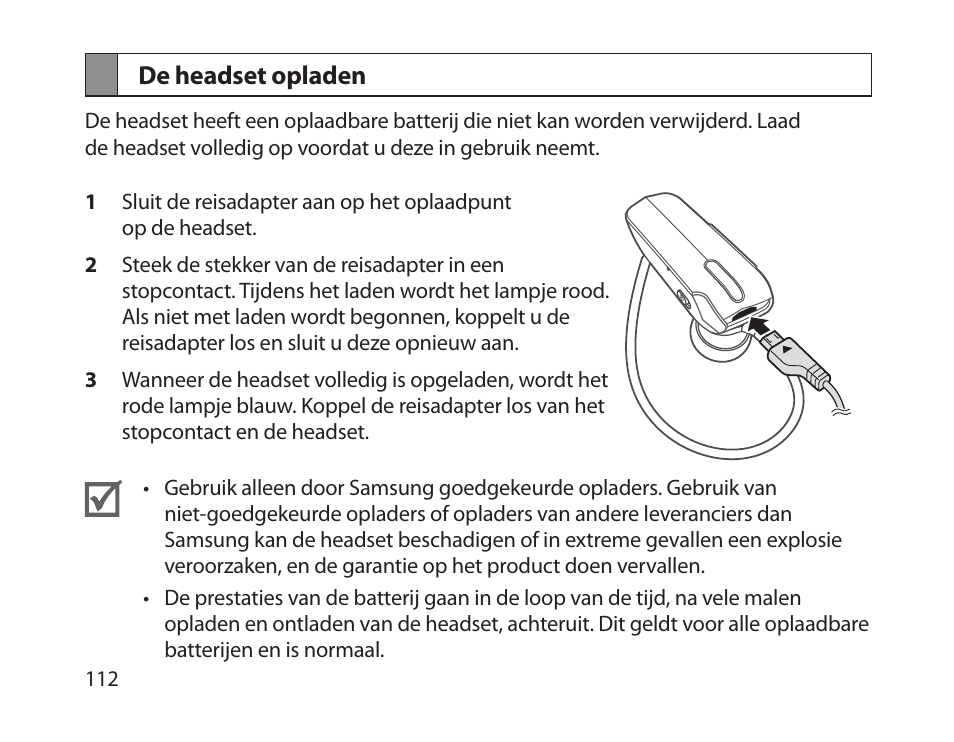 De headset opladen | Samsung HM1800 User Manual | Page 115 / 135