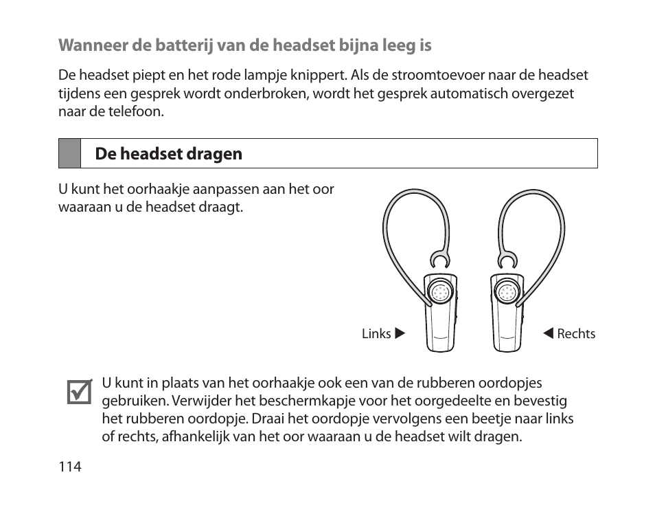 De headset dragen | Samsung HM1800 User Manual | Page 117 / 135
