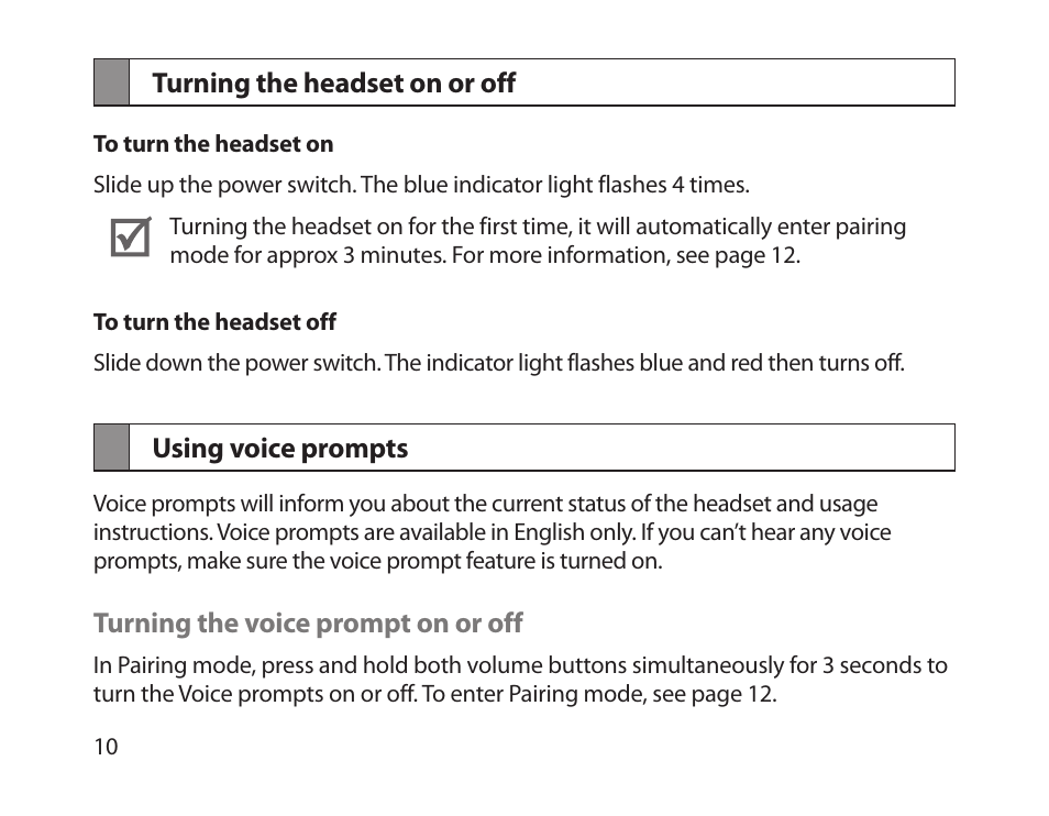 Turning the headset on or off using voice prompts | Samsung HM1800 User Manual | Page 13 / 135