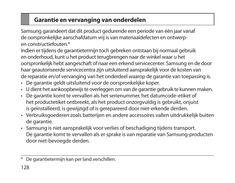 Garantie en vervanging van onderdelen | Samsung HM1800 User Manual | Page 131 / 135