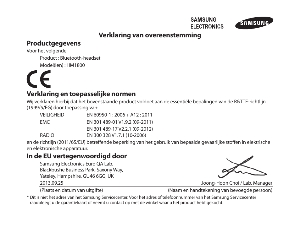 Verklaring van overeenstemming productgegevens, Verklaring en toepasselijke normen | Samsung HM1800 User Manual | Page 135 / 135