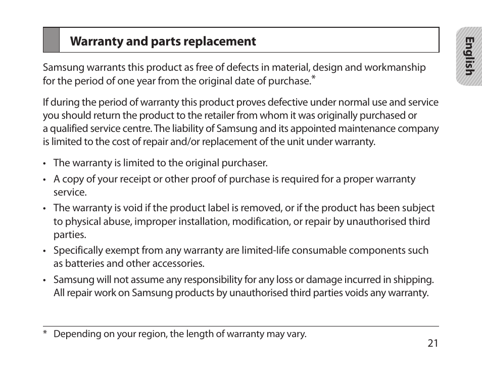 Warranty and parts replacement | Samsung HM1800 User Manual | Page 24 / 135