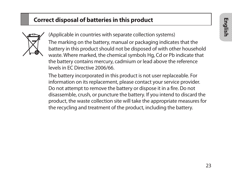 Correct disposal of batteries in this product | Samsung HM1800 User Manual | Page 26 / 135