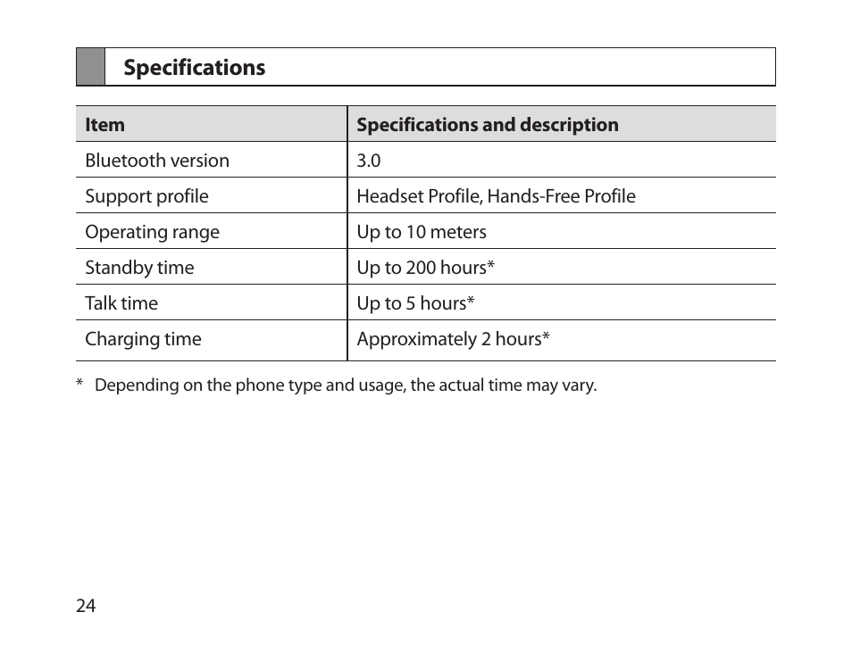 Specifications | Samsung HM1800 User Manual | Page 27 / 135