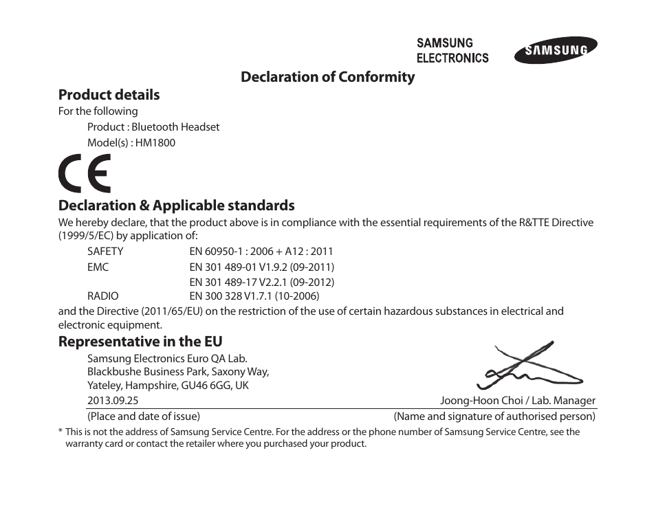 Declaration of conformity product details, Declaration & applicable standards, Representative in the eu | Samsung HM1800 User Manual | Page 28 / 135