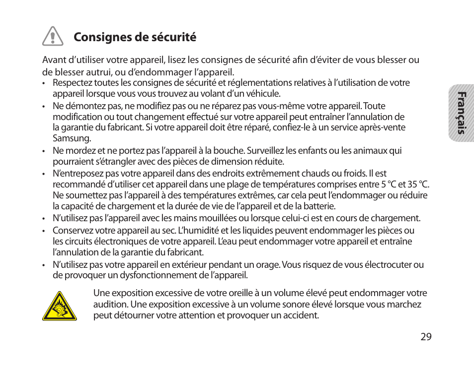 Consignes de sécurité | Samsung HM1800 User Manual | Page 32 / 135